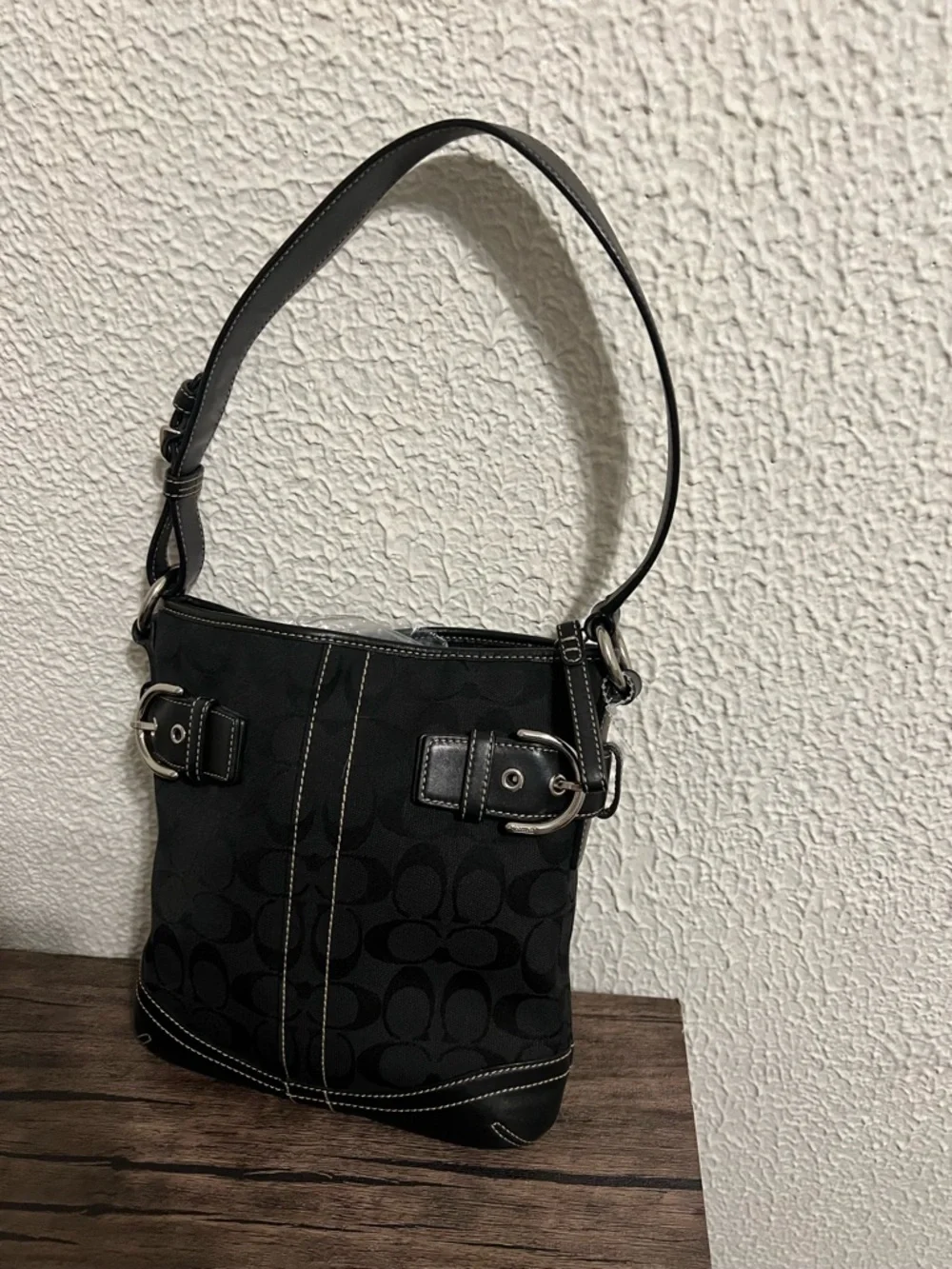 Coach Black Signature Canvas Shoulder Bag with Leather Trim